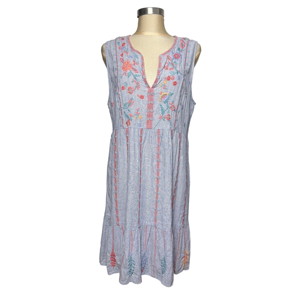 Johnny Was Workshop Blue Embroidered Cotton Sleeveless Dress Large Boho Floral